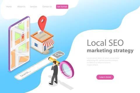 Isometric flat vector landing page for local seo, serching store. Stock Illustration
