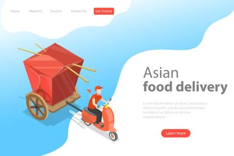 Isometric flat vector landing page template of asian food delivery. Stock Illustration