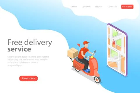 Isometric flat vector landing page template of delivery by scooter. Stock Illustration