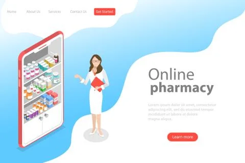 Isometric flat vector landing page template of online pharmacy. Stock Illustration