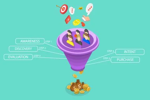 Isometric flat vector landing page template of conversion funnel. Stock Illustration