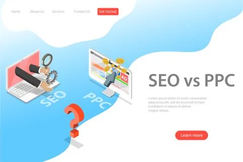Isometric flat vector landing page template of SEO vs PPC. Stock Illustration