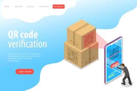 Isometric flat vector landing page template of QR code, barcode scanning. 스톡 일러스트