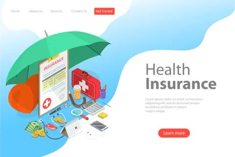 Isometric flat vector landing page template of health insurance policy. Stock Illustration