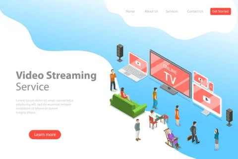 Isometric flat vector landing page template of smart TV, home entertainment. Stock Illustration