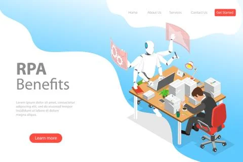 Isometric flat vector landing page template of RPA vs manual labor. Stock Illustration