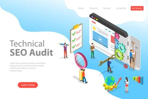 Isometric flat vector landing page template of technical SEO audit. Stock Illustration