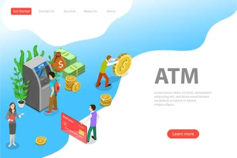 Isometric flat vector landing page template of ATM, bank card. Stock Illustration