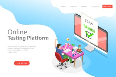 Isometric flat vector landing page template of passed online exam. Stock Illustration