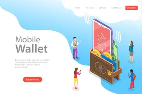 Isometric flat vector landing page template of digital mobile wallet. Illustrazione stock