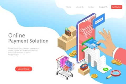 Isometric flat vector landing page template of pay online. Stock Illustration