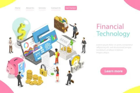 Isometric flat vector landing page template of fintech, financial technology. Stock Illustration