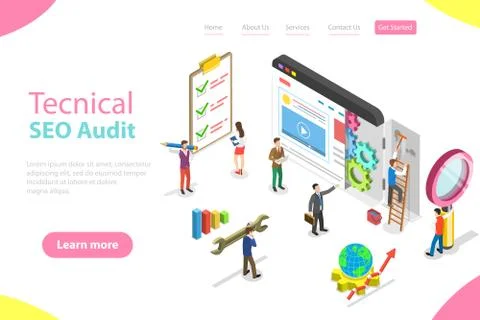 Isometric flat vector landing page template of technical SEO audit. Stock Illustration