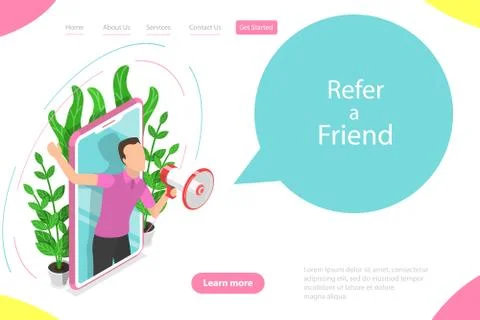 Isometric flat vector landing page template of refer a friend illustration. Stock Illustration
