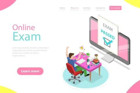 Isometric flat vector landing page template of passed online exam. Stock Illustration