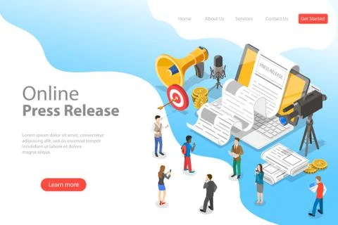 Isometric flat vector landing page template of internet press release. Stock Illustration