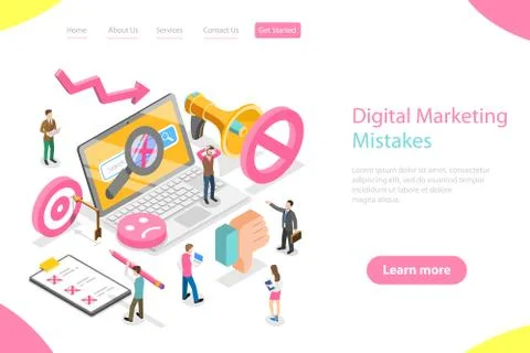 Isometric flat vector landing page template of digital marketing mistakes. Stock Illustration