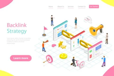 Isometric flat vector landing page template of backlink strategy, link building. Stock Illustration