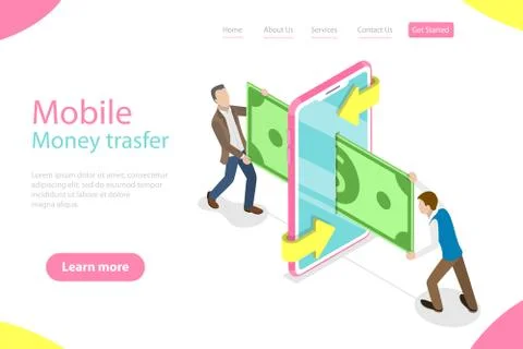 Isometric flat vector landing page template of mobile money transer. Stock Illustration