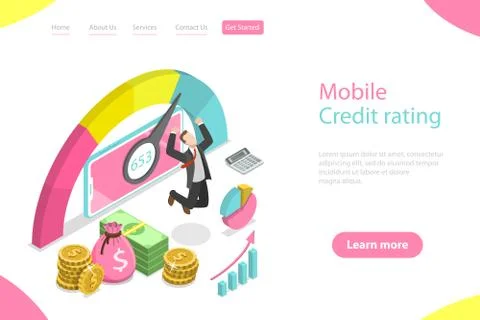 Isometric flat vector landing page template of mobile credit rating app. Stock Illustration