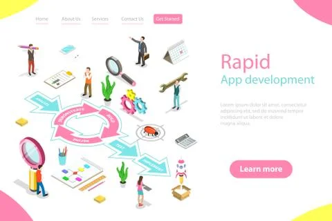 Isometric flat vector landing page tempate of rapid application develompment. Illustrazione stock