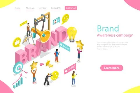Isometric flat vector landing page template of brand awareness campaign. Stock Illustration