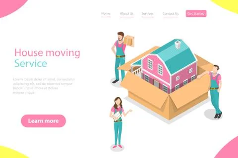Isometric flat vector landing page template of house moving. Illustrazione stock