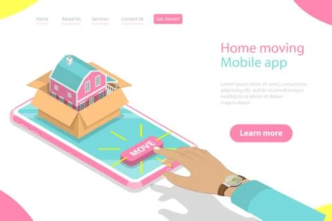 Isometric flat vector landing page template of home moving mobile order. Stock Illustration