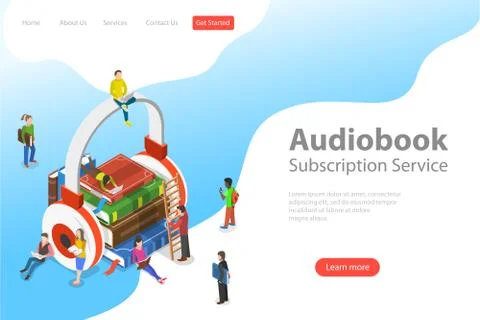 Isometric flat vector landing pate template of audiobook, education. Stockillustratie
