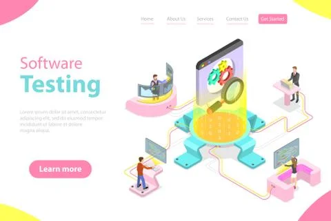 Isometric flat vector landing pate template of software quality assurance. 库存插图