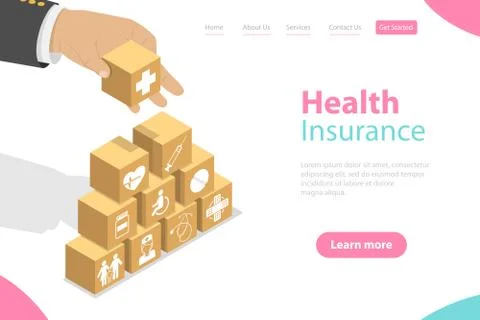 Isometric flat vector landing pate template of health insurance. Stock-Illustration