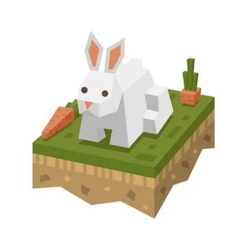 Isometric flat white rabbit on the tile of ground with grass and carrot Stock Illustration