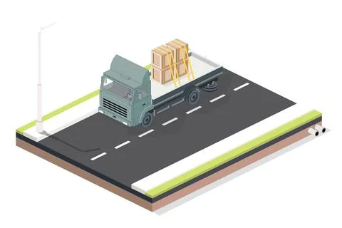 Isometric Flatbed Cargo Truck with Boxes on the Road. Commercial Transport... Stock Illustration