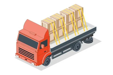 Isometric Flatbed Cargo Truck with Boxes. Commercial Transport. Logistics. .. Stock Illustration