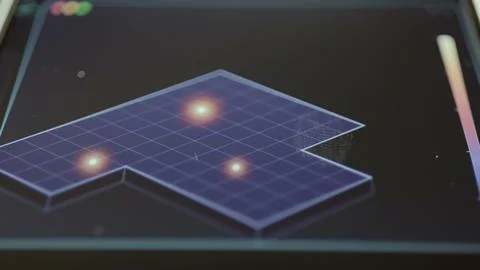 Isometric floor plan displays three glowing hotspots across a gridded Stock Photos