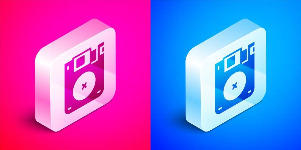 Isometric Floppy disk for computer data storage icon isolated on pink and blue Illustrazione stock