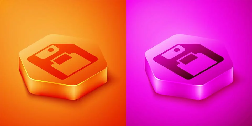 Isometric Floppy disk for computer data storage icon isolated on orange and pink Stock Illustration