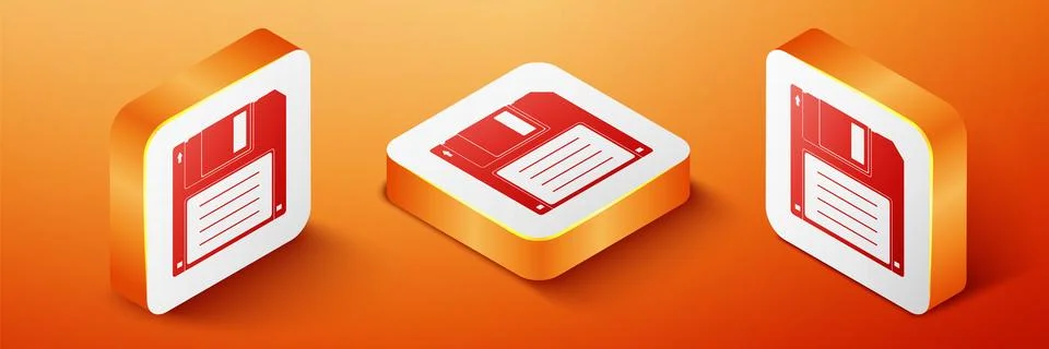 Isometric Floppy disk for computer data storage icon isolated on orange Stock Illustration
