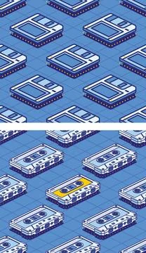 Isometric Floppy Magnetic Disk and Audio Cassette Tape Seamless Pattern. 스톡 일러스트