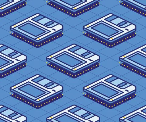 Isometric Floppy Magnetic Disk Seamless Pattern. Concept 80s and 90s. Illustrazione stock