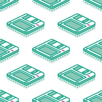 Isometric Floppy Magnetic Disk Seamless Pattern. Diskette on white Backgrou.. Stock Illustration