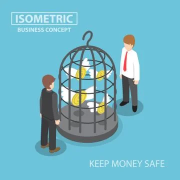 Isometric flying dollar trapped in bird cage Stock Illustration