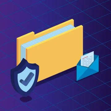 Isometric folder documents with shield security and letter Illustrazione stock