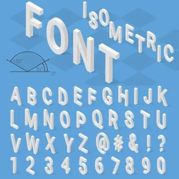 Isometric font alphabet with drop shadow on blue background Stock Illustration
