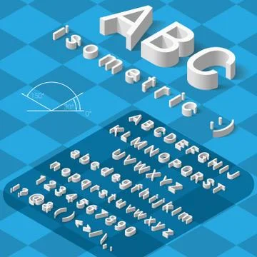 Isometric font alphabet with drop shadow on blue background Illustrazione stock
