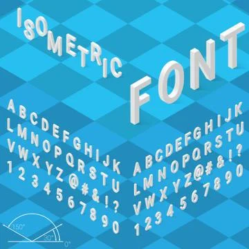 Isometric font alphabet with drop shadow on blue background Stock Illustration