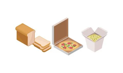 Isometric Foodstuff with Sliced Wheat Bread and Pizza in Carton Package Vector Illustrazione stock