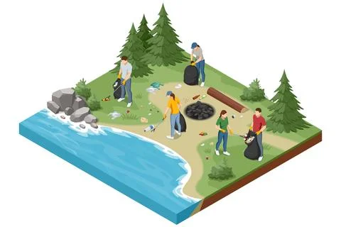Isometric forest and riverside cleanup with volunteers collecting litter near Stock Illustration