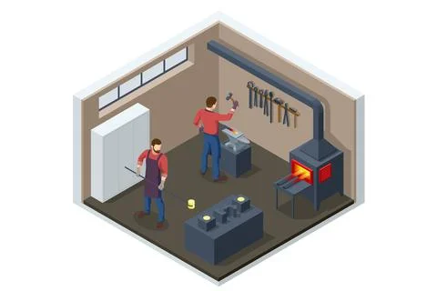 Isometric Forge, blacksmith. Strong blacksmith with hammer and anvil forge iron Stock Illustration