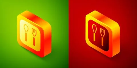 Isometric Fork and spoon icon isolated on green and red background. Cooking Illustrazione stock